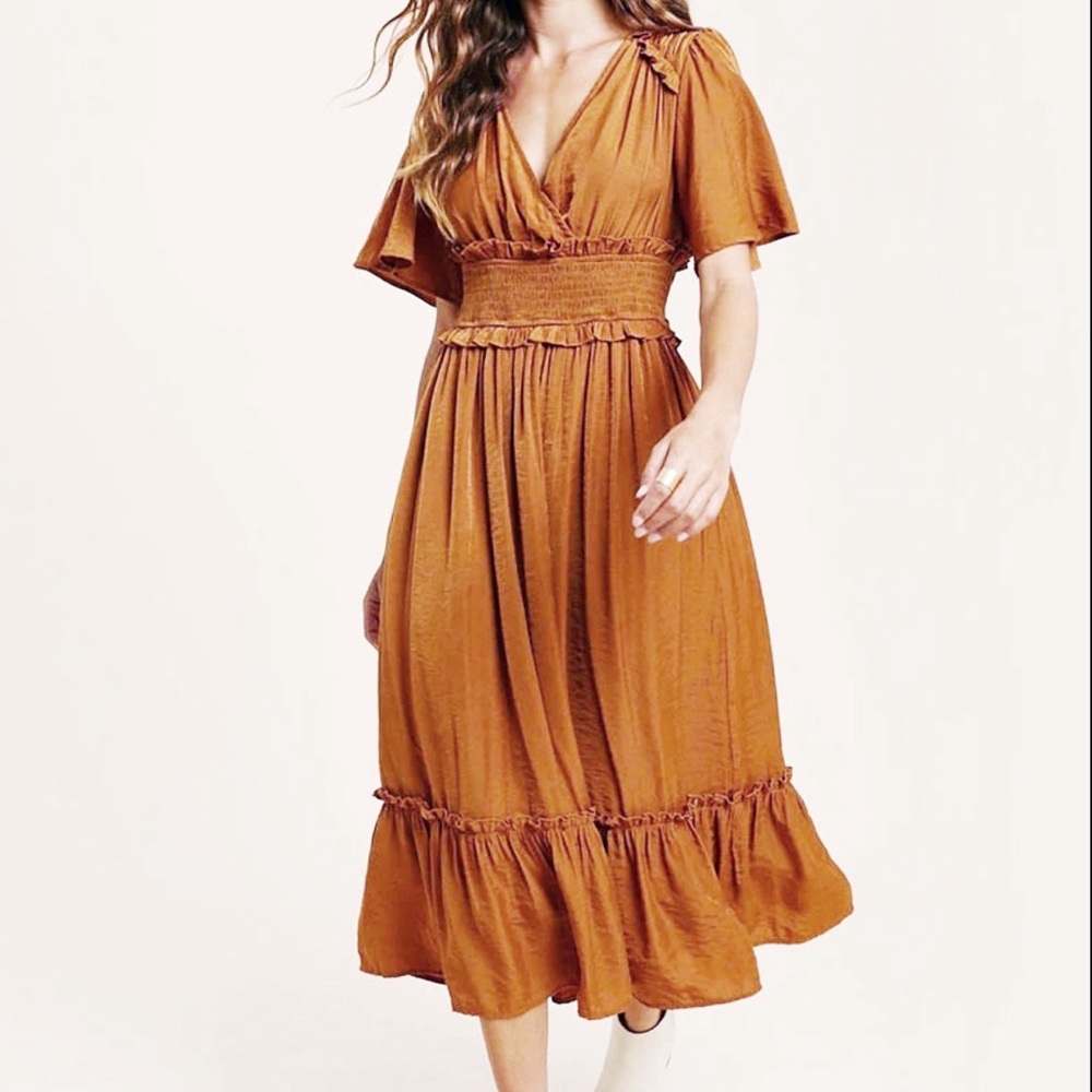 BOHME Boutique Brand Satin Smocked Midi Dress Mustard/Rust Color Size Small